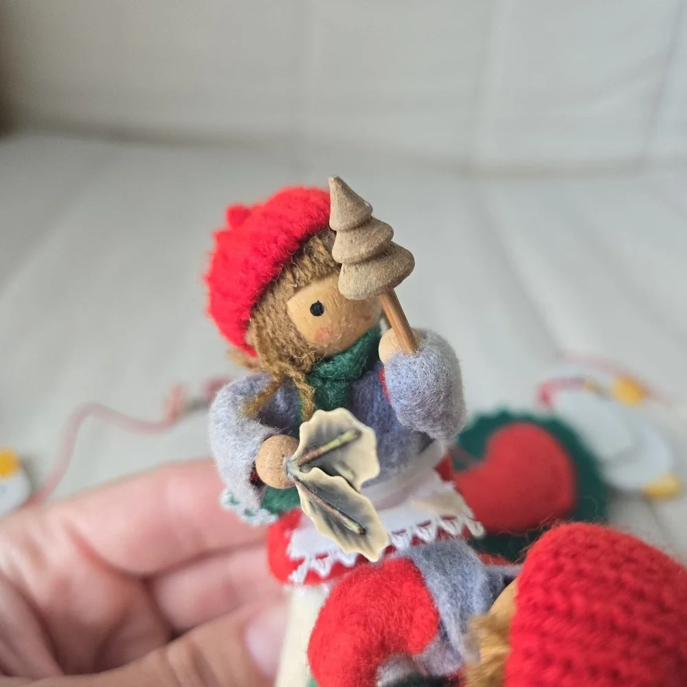Vintage Small Christmas Mobile Wood Geese And Felt Boys Riding Goose.